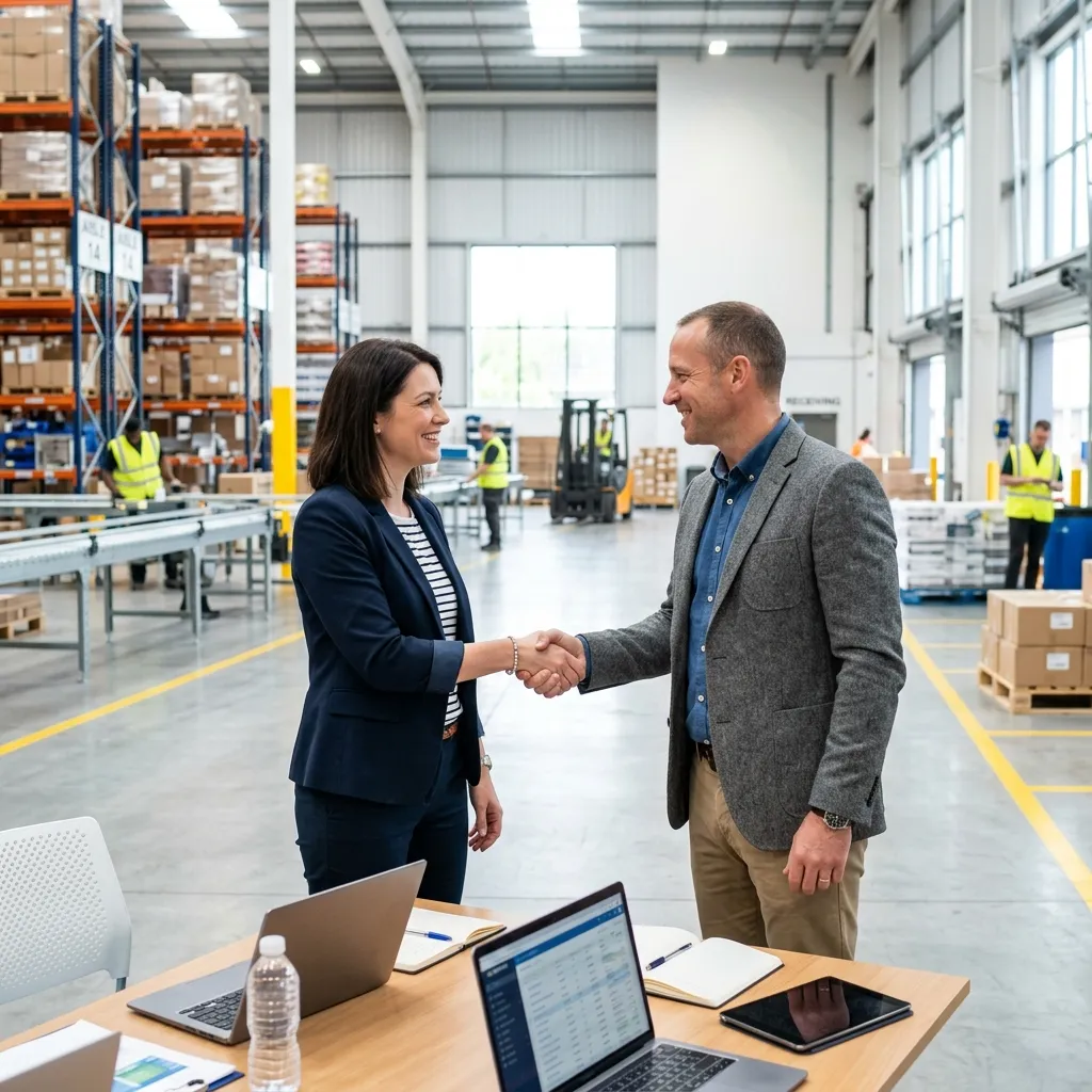 Friendly professionals meeting in a modern logistics center